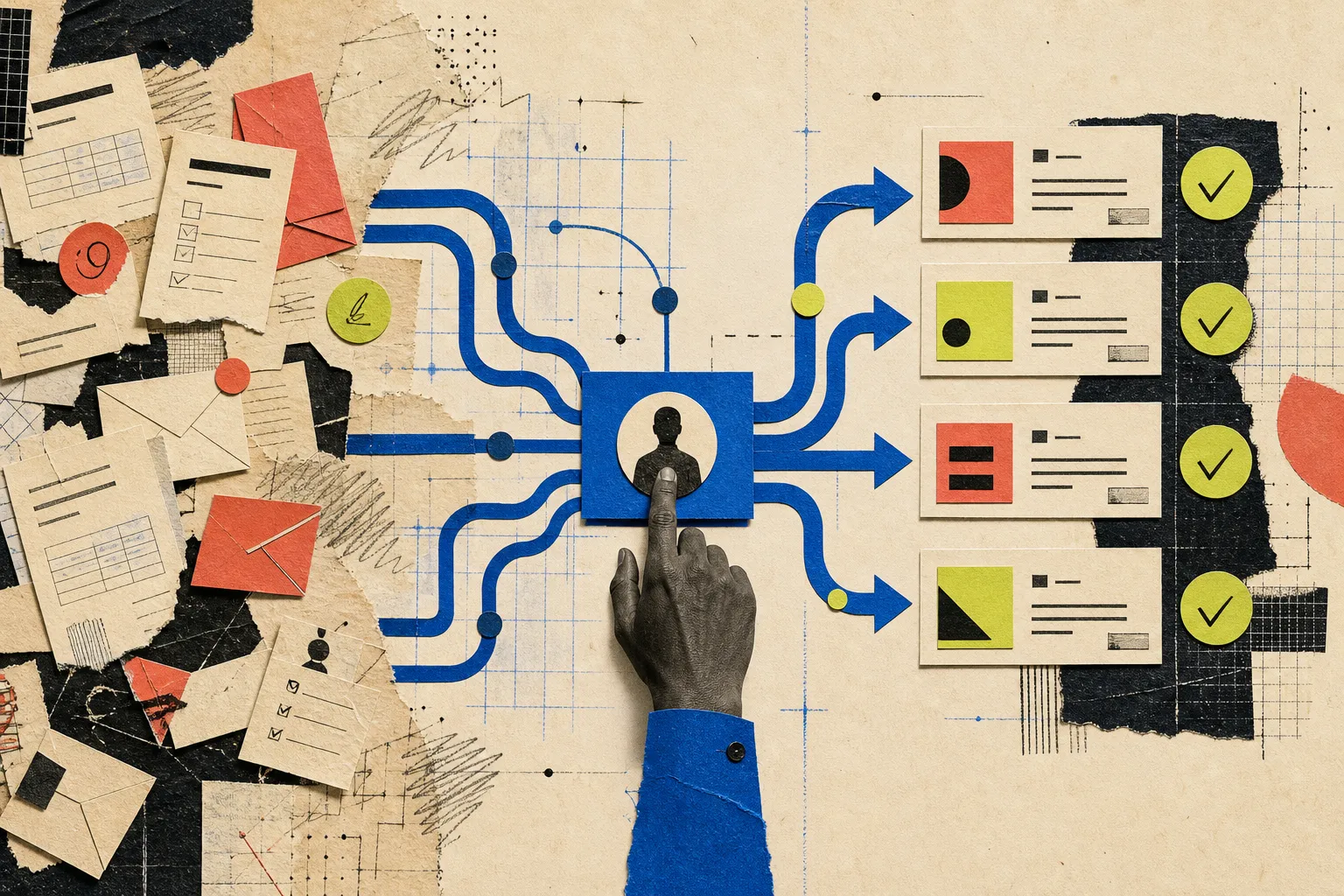 Editorial collage showing messy manual documents becoming controlled AI workflow automation with human approval
