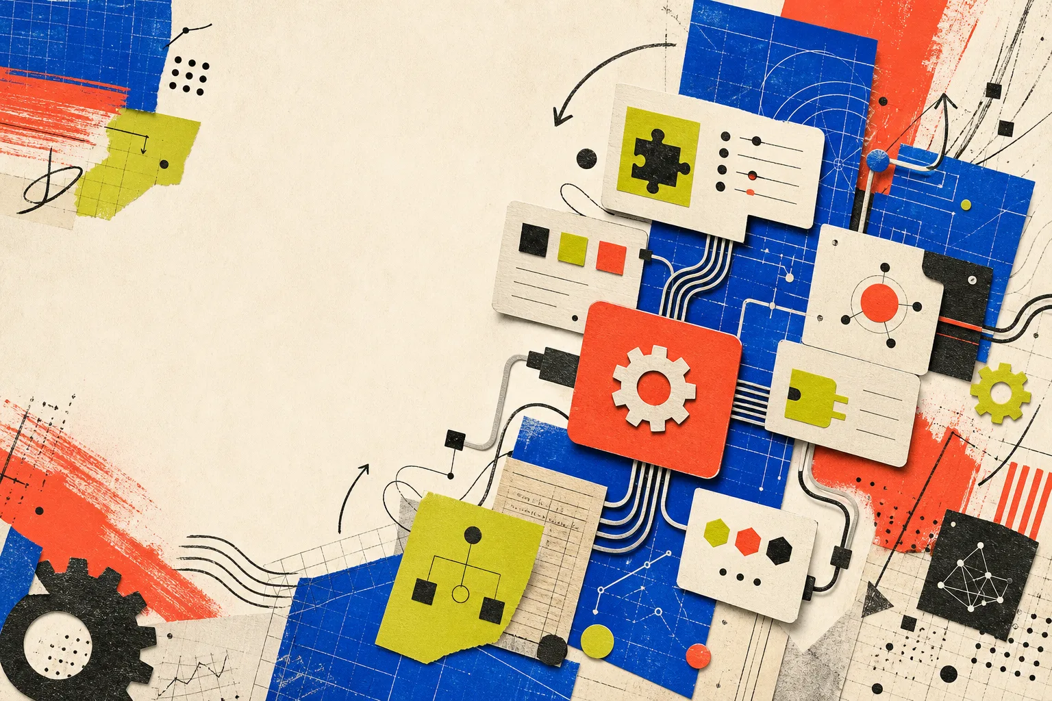 Handcrafted collage of plugin pieces, workflows and connected systems